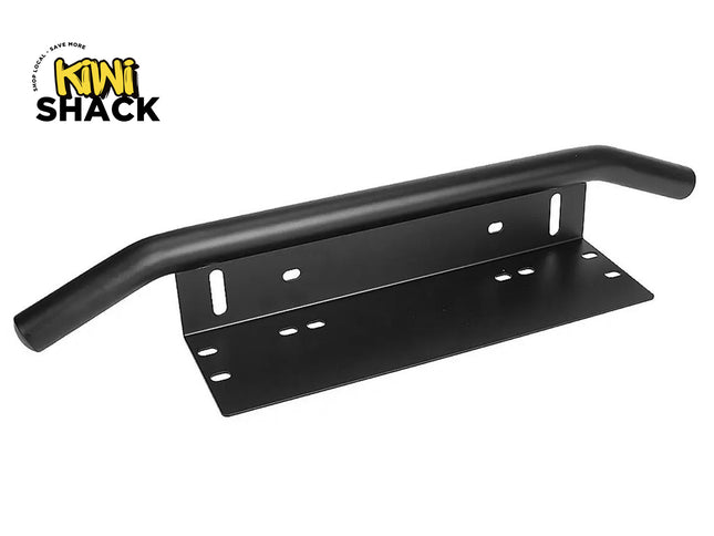Kiwi Shack heavy-duty black steel front license plate relocation bracket and off-road light mounting bar.