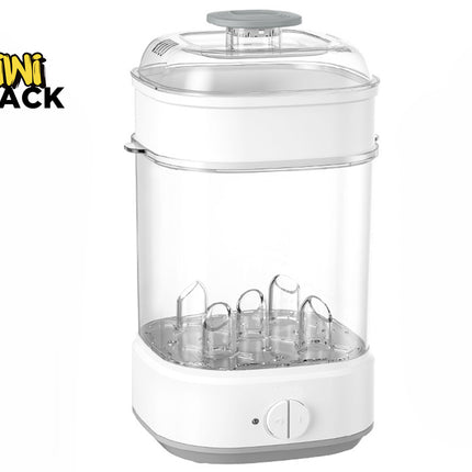 Kiwi Shack electric multi-functional bottle sterilizer and steam cooker with clear view chamber and control dial.