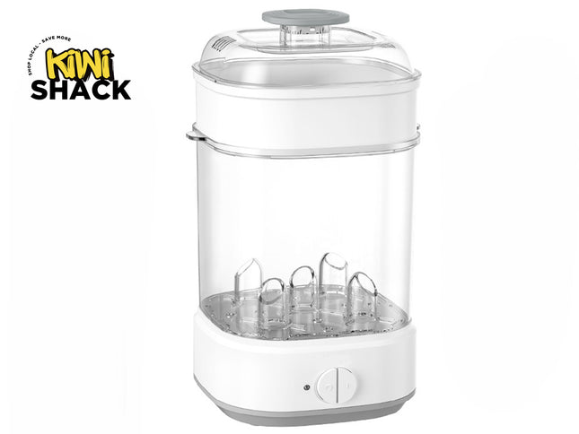 Kiwi Shack electric multi-functional bottle sterilizer and steam cooker with clear view chamber and control dial.