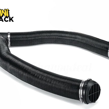 Kiwi Shack automotive parking heater ducting kit with flexible black air pipes, hose clamps, and louvered air outlets.