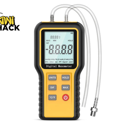 A handheld digital multimeter with a yellow and black body, featuring a large LCD screen and six buttons including a red power button. Two white probe leads extend from the top.