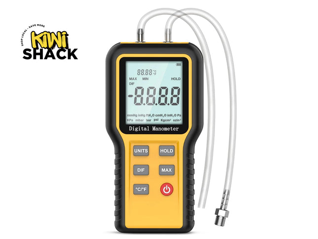 A handheld digital multimeter with a yellow and black body, featuring a large LCD screen and six buttons including a red power button. Two white probe leads extend from the top.
