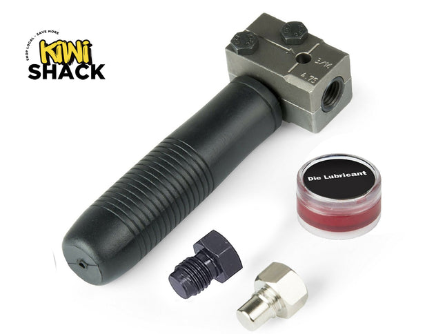 Mechanical tool set with components and lubricant on a white background, branded 'Kiwi Shack'.