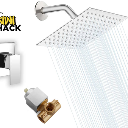 A modern square rain shower head with a wall-mounted arm and rectangular handle, shown with water flowing from the nozzle. A separate brass and white valve component is shown below, and a wall-mounted single-handle trim is shown to the left.
