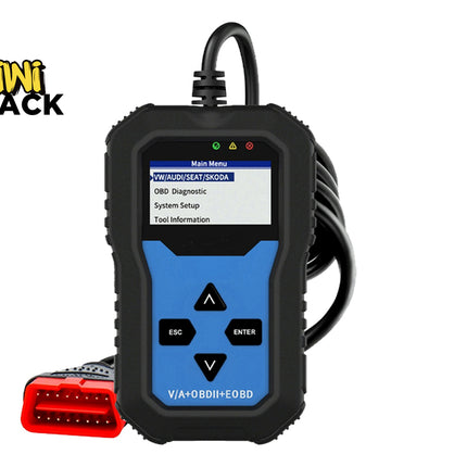 Car diagnostic tool with display on a white background, featuring the Kiwi Shack brand.