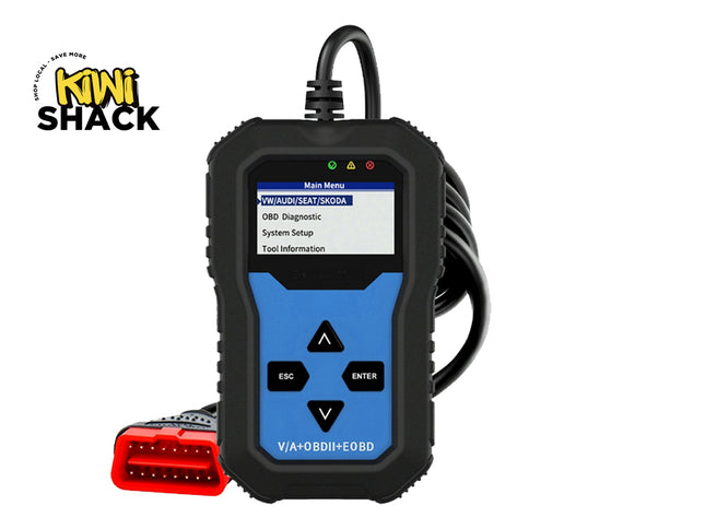 Car diagnostic tool with display on a white background, featuring the Kiwi Shack brand.