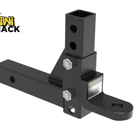 A black metal hitch receiver adapter with a vertical receiver tube and a horizontal mounting bar, shown on a white background with the Kint Shack logo in the top-left corner.