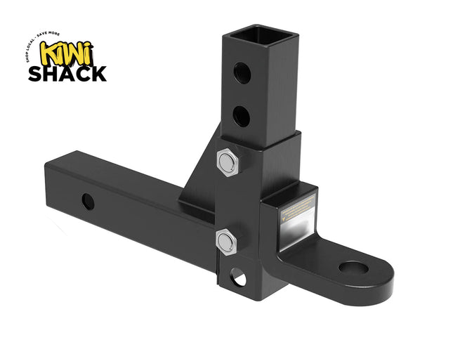 A black metal hitch receiver adapter with a vertical receiver tube and a horizontal mounting bar, shown on a white background with the Kint Shack logo in the top-left corner.