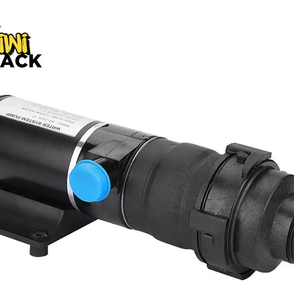 Black pump with blue connectors on a white background, featuring the Kiwi Shack logo.