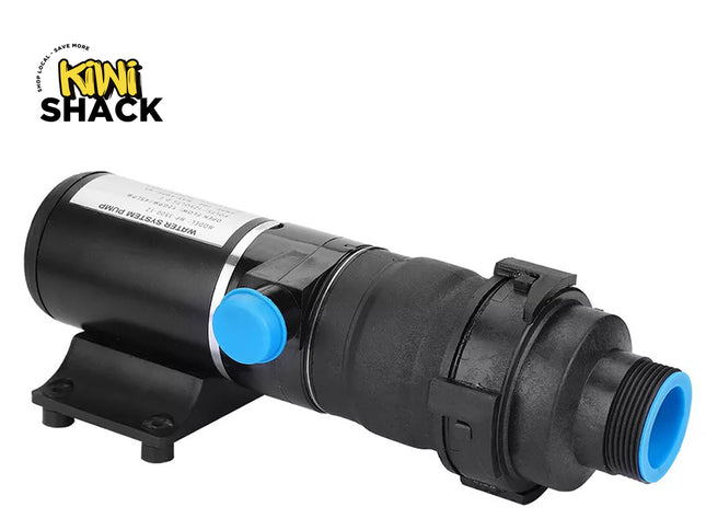 Black pump with blue connectors on a white background, featuring the Kiwi Shack logo.