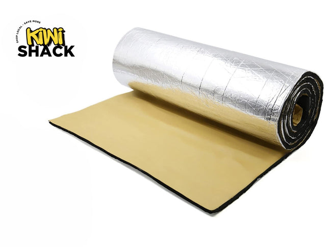 Kiwi Shack self-adhesive car sound deadener, heat insulation foam mat, and foil barrier roll.