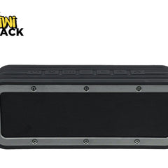 Black portable speaker with 'Kiwi Shack' branding on a white background