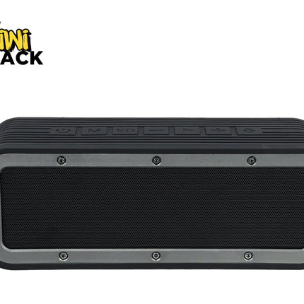 Black portable speaker with 'Kiwi Shack' branding on a white background