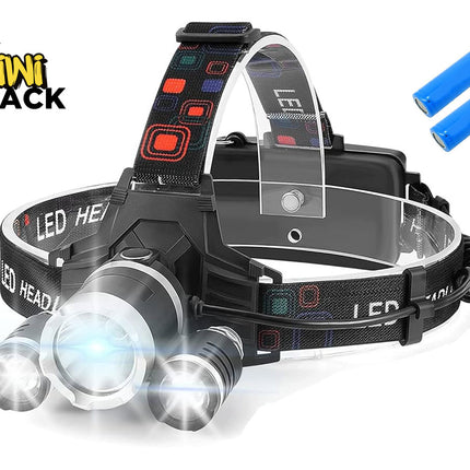 Black multi-LED headlamp with central bright beam and two side auxiliary lights, mounted on a patterned adjustable elastic strap with rear battery pack, accompanied by two blue 18650-style Li-ion batteries floating top-right, featuring Kiwi Shack logo in top left.