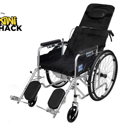 Black wheelchair with reclining backrest on a white background, featuring the Kiwi Shack logo.