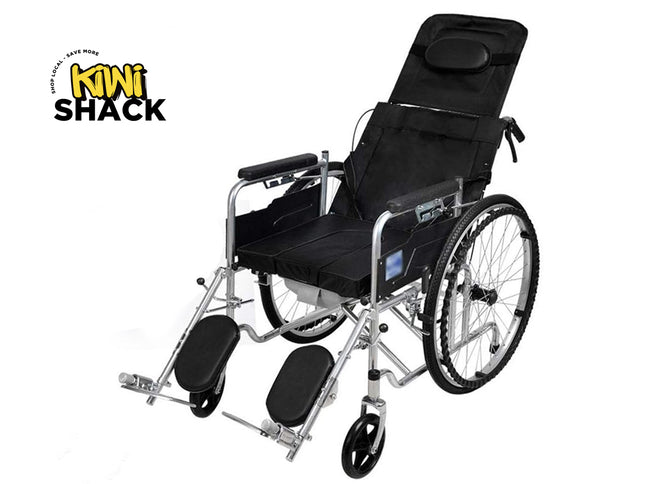 Black wheelchair with reclining backrest on a white background, featuring the Kiwi Shack logo.