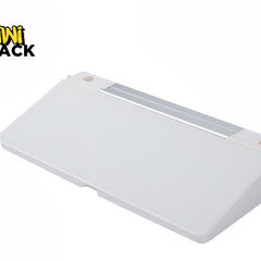 A white angled desktop storage organizer with a sliding drawer lid and top mounting track, set against a white background with the "Kiwi Shack" logo in the top left corner.