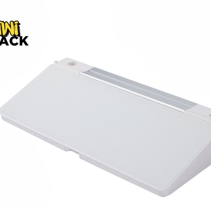A white angled desktop storage organizer with a sliding drawer lid and top mounting track, set against a white background with the "Kiwi Shack" logo in the top left corner.