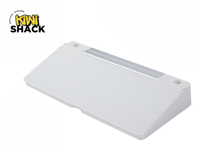 A white angled desktop storage organizer with a sliding drawer lid and top mounting track, set against a white background with the "Kiwi Shack" logo in the top left corner.