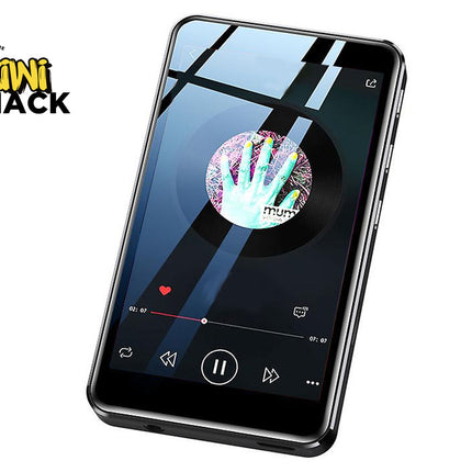 Black touchscreen digital MP5 media player displaying a music playback interface with album artwork, a progress bar, play/pause controls, and side physical buttons, branded with the "Kiwi Shack" logo in the top-left corner.
