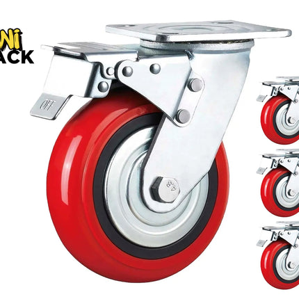 Kiwi Shack 4-pack of heavy-duty swivel caster wheels with red polyurethane tread, dual locking brakes, and top mounting plates.