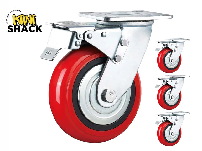 Kiwi Shack 4-pack of heavy-duty swivel caster wheels with red polyurethane tread, dual locking brakes, and top mounting plates.