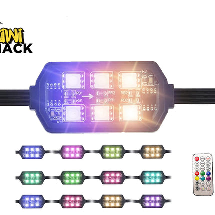 An 8-light LED strip controller bar with a remote control, shown on a white background with the Kiwi Shack logo. The main controller is illuminated in blue and orange, with smaller preview images below showing the light bar in various color modes.