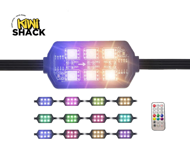 An 8-light LED strip controller bar with a remote control, shown on a white background with the Kiwi Shack logo. The main controller is illuminated in blue and orange, with smaller preview images below showing the light bar in various color modes.