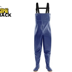 Blue waders with suspenders on a white background, featuring the Kiwi Shack logo.