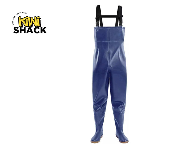 Blue waders with suspenders on a white background, featuring the Kiwi Shack logo.