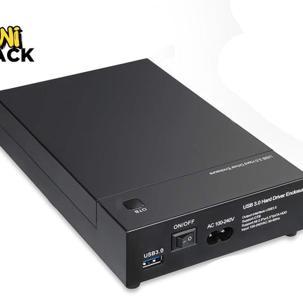A black external USB 3.0 hard drive enclosure featuring a power switch, AC power port, and USB port, featuring the "Kiwi Shack" logo in the top-left corner.