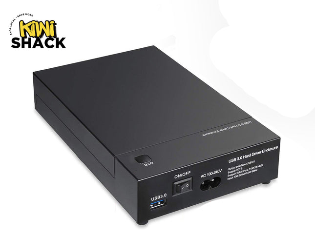 A black external USB 3.0 hard drive enclosure featuring a power switch, AC power port, and USB port, featuring the "Kiwi Shack" logo in the top-left corner.