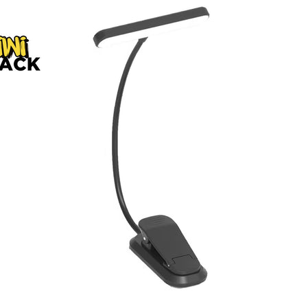 A black clip-on LED desk lamp with a flexible gooseneck and a rectangular light bar, shown on a plain white background with a Kiwi Shack logo in the top-left corner.