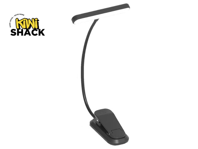 A black clip-on LED desk lamp with a flexible gooseneck and a rectangular light bar, shown on a plain white background with a Kiwi Shack logo in the top-left corner.