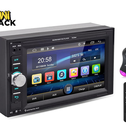 Car multimedia player with touchscreen display, remote controls, and Kiwi Shack logo.