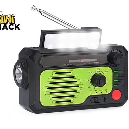 Multifunctional radio with flashlight and speaker on a white background, branded as Kiwi Shack.