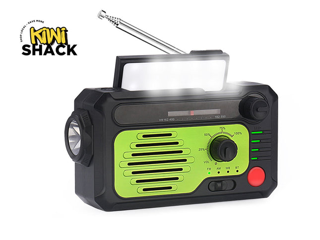 Multifunctional radio with flashlight and speaker on a white background, branded as Kiwi Shack.