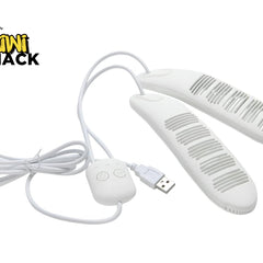 White shoe dryer with USB cable on a white background, branded 'Kiwi Shack'.