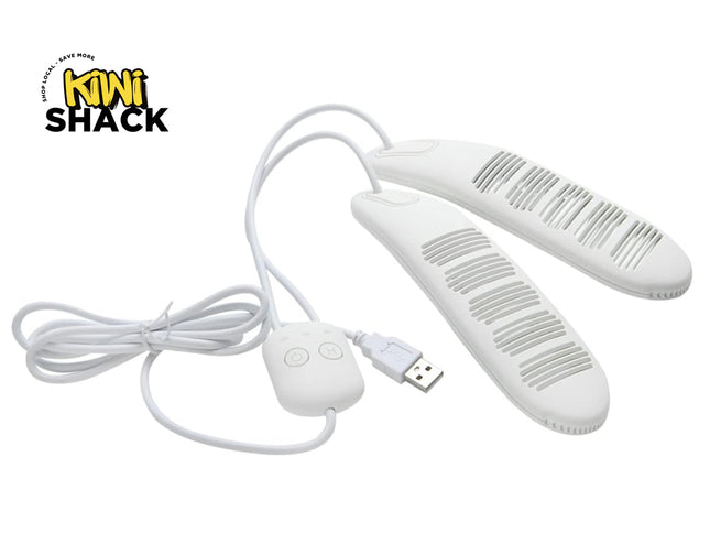 White shoe dryer with USB cable on a white background, branded 'Kiwi Shack'.