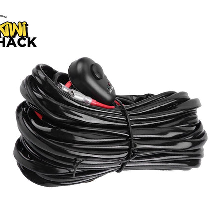 Coiled black cable with a switch on a white background, featuring the Kiwi Shack logo.