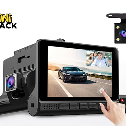 Black Kiwi Shack car dash cam with a 7-inch touchscreen display, shown with a separate rear camera, a hand touching the screen, and the Kiwi Shack logo in the top left corner.