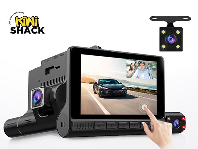 Black Kiwi Shack car dash cam with a 7-inch touchscreen display, shown with a separate rear camera, a hand touching the screen, and the Kiwi Shack logo in the top left corner.