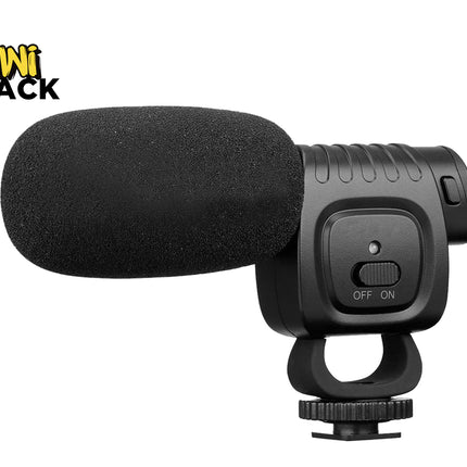 Black microphone with on/off switch on a white background, featuring the Kiwi Shack logo.