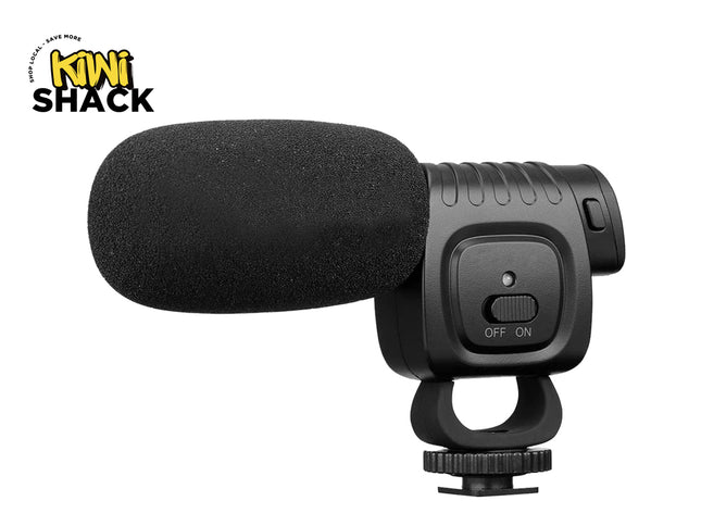 Black microphone with on/off switch on a white background, featuring the Kiwi Shack logo.