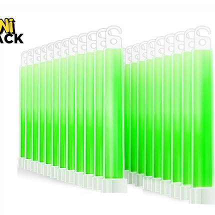 Bulk pack of glowing bright green LED safety baton traffic wands standing upright in parallel rows, each with a hanging hook top and white base, featuring Kiwi Shack logo in top left.