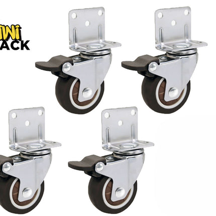 Kiwi Shack heavy-duty L-bracket swivel caster wheels with brakes for furniture and carts.