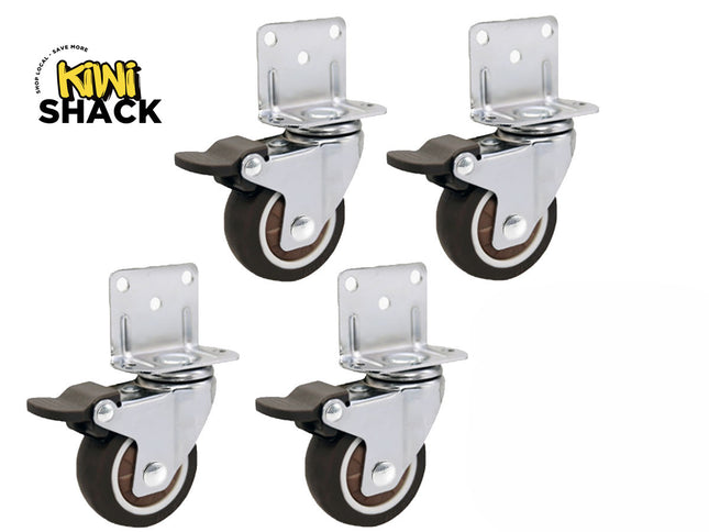Kiwi Shack heavy-duty L-bracket swivel caster wheels with brakes for furniture and carts.