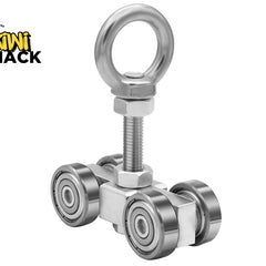 Silver metal trolley roller assembly with four ball-bearing wheels, a threaded bolt shaft, and a top eye nut, featuring the Kiwi Shack logo in the top left.