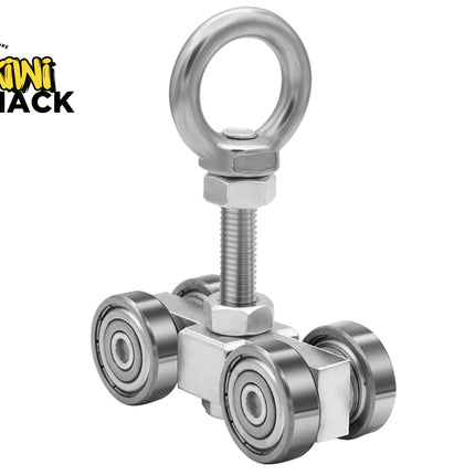 Silver metal trolley roller assembly with four ball-bearing wheels, a threaded bolt shaft, and a top eye nut, featuring the Kiwi Shack logo in the top left.