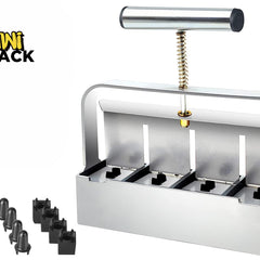 Kiwi Shack heavy-duty stainless steel four-block soil blocker tool for seed starting and gardening with multiple interchangeable mold inserts.